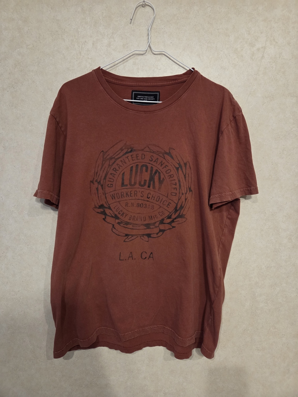 Lucky Brand Men's Rust Graphic Crew Neck Cotton T Shirt Size Large